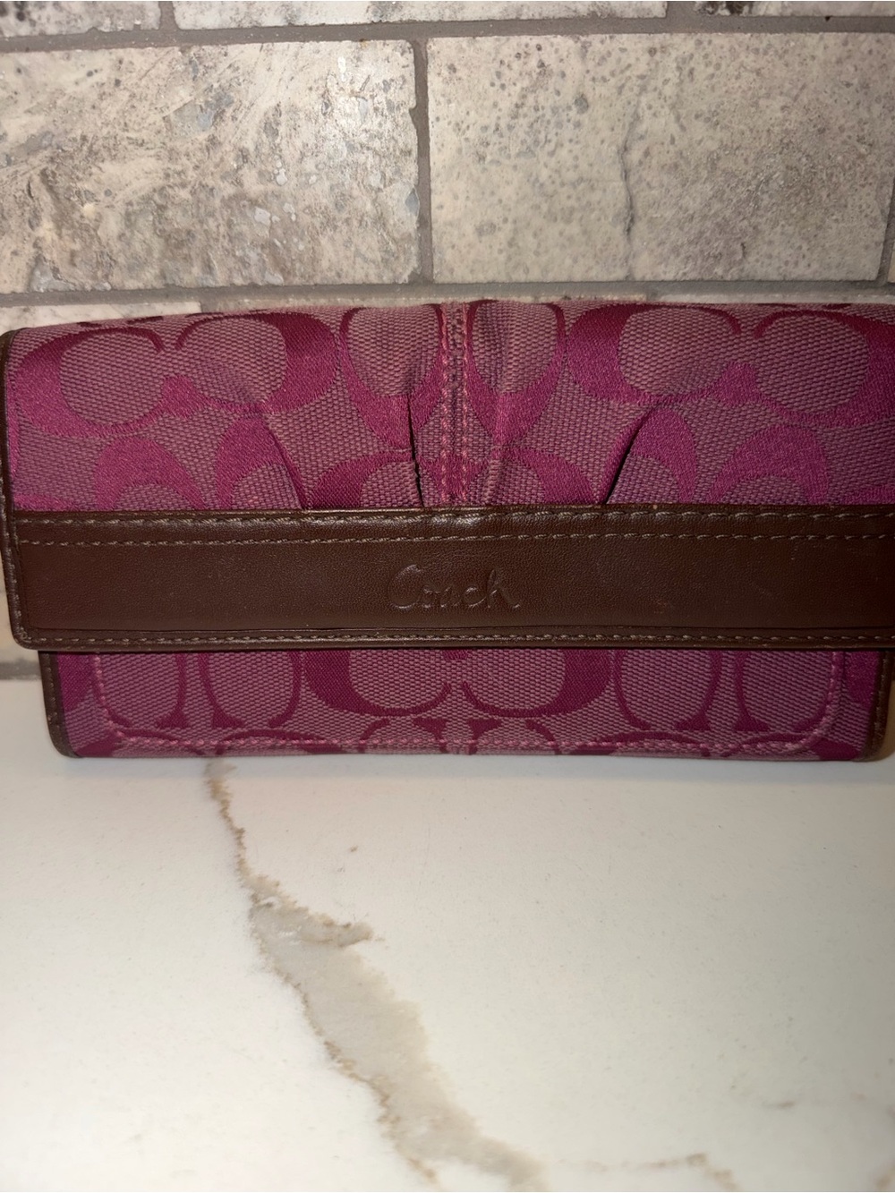 Coach Y2K Rare Purple Signature Canvas Continental Wallet with Brown Trim